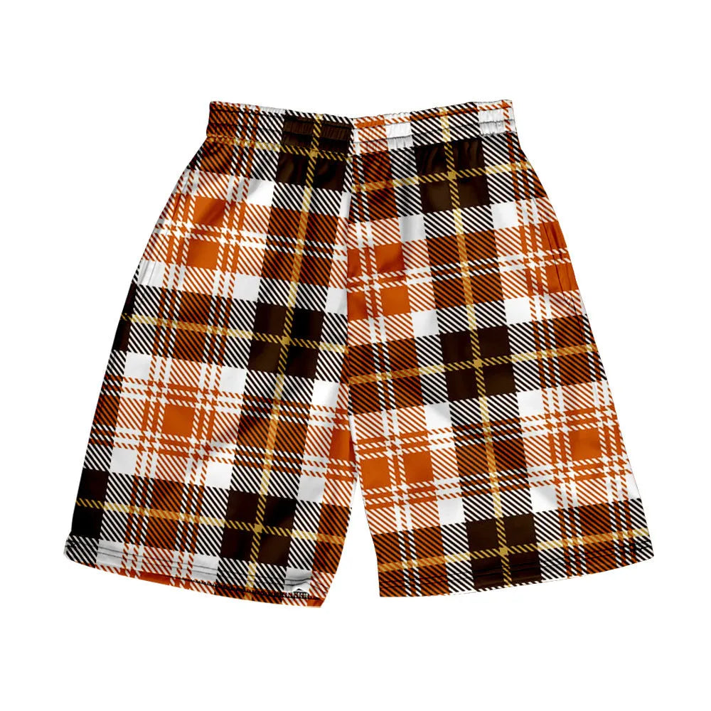 Men's plaid pattern casual shorts with an elastic waistband, shown in a straight-leg style.