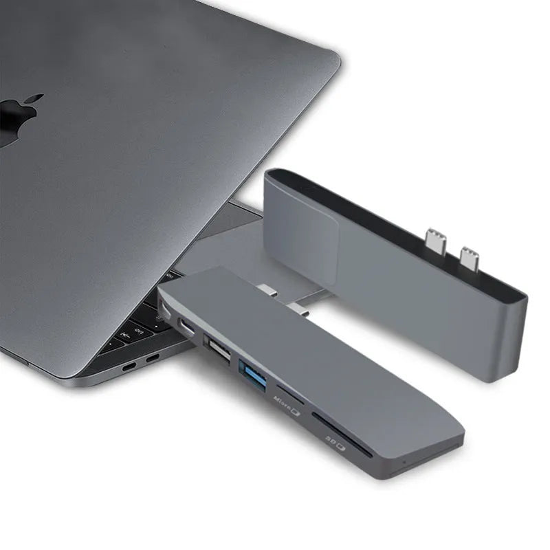 USB-C hub adapter for MacBook Pro with eight ports including HDMI, USB 3.0, SD/TF card reader, and PD charging