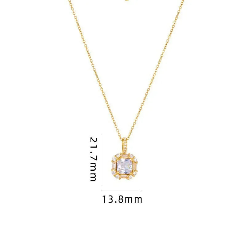 Women's gold-plated titanium steel clavicle chain necklace with geometric design and mixed gem inlaid zircon pendants