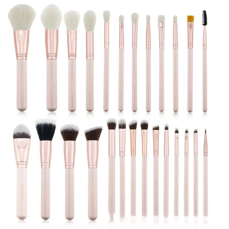 26 piece pink makeup brush set with wooden handles in protective PU storage bag