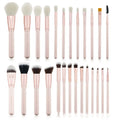 26 piece pink makeup brush set with wooden handles in protective PU storage bag