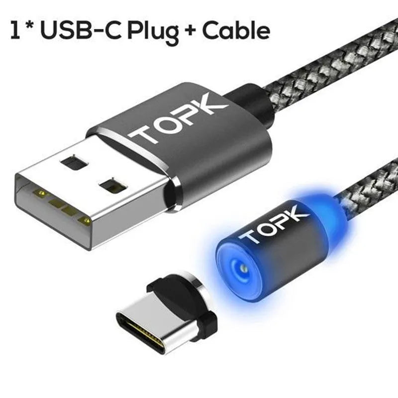 Magnetic charging cable with three magnetic plugs for Android, Apple and Type-C devices with aluminium alloy shell