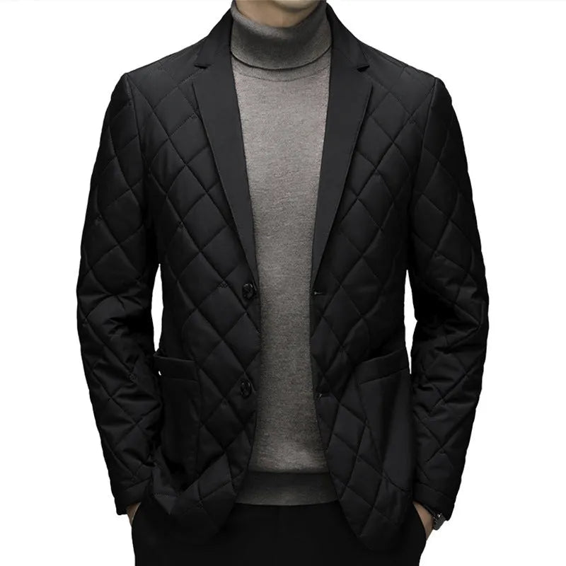 Men's thick lapel down jacket with side seam pockets in black, dark grey or shrimp blue