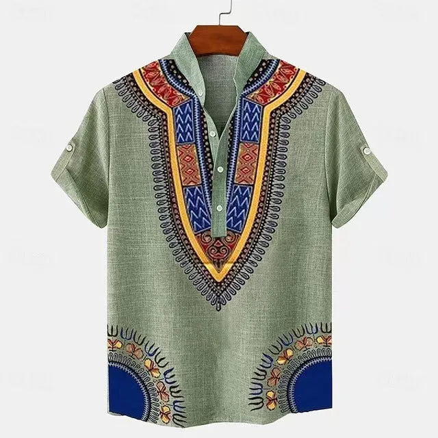 Men's striped casual linen-style shirt with personalised buttons on a hanger