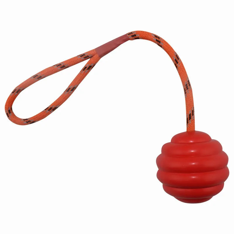 Multi-colour rubber dog training ball with rope knot, measuring 6x30cm