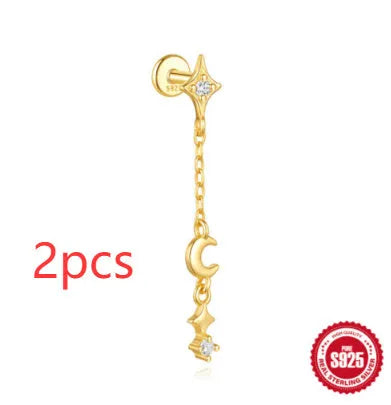 S925 sterling silver geometric earrings with a gold-plated moon and star design.