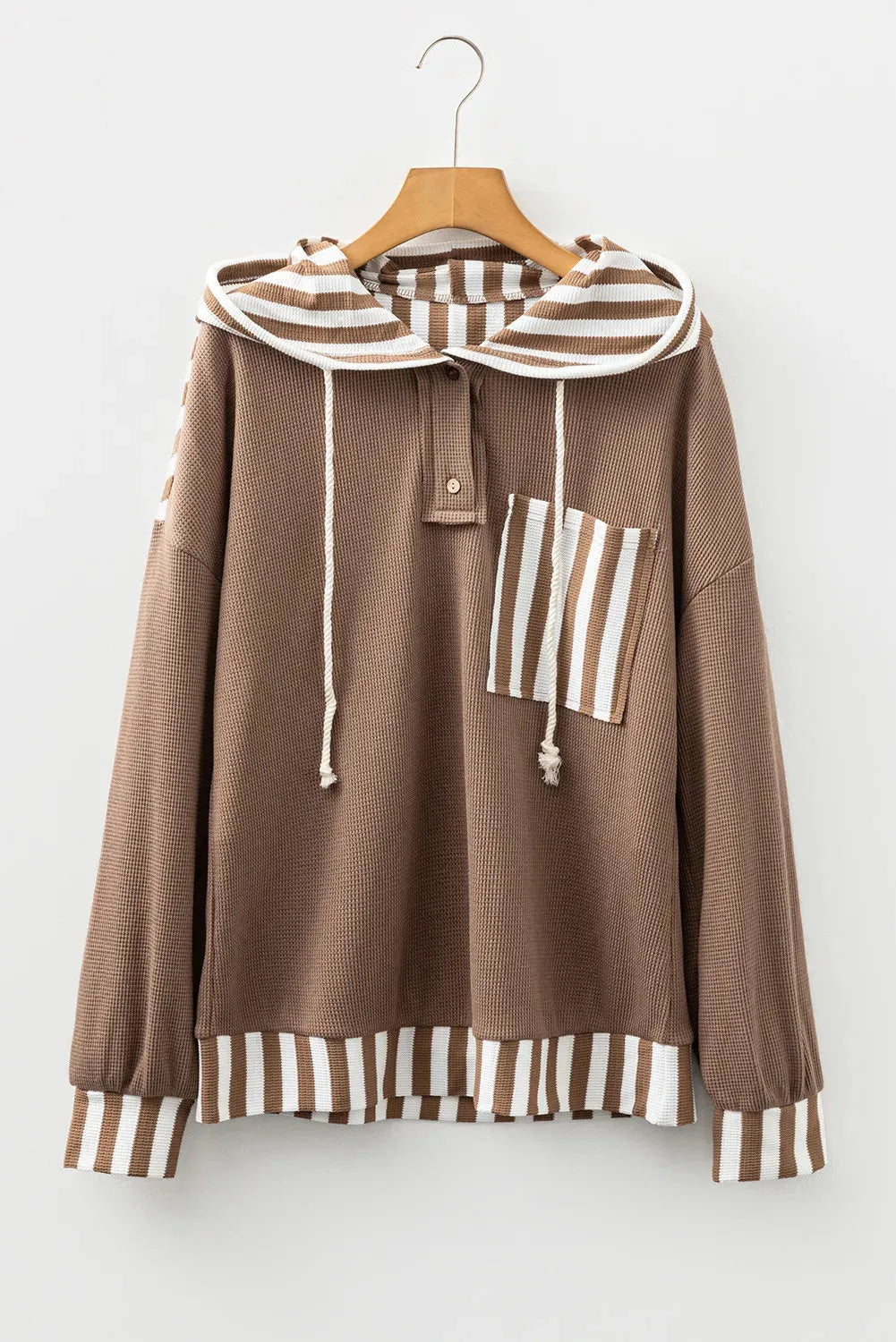 Straw yellow waffle texture striped patchwork hoodie with button neck and drawstring