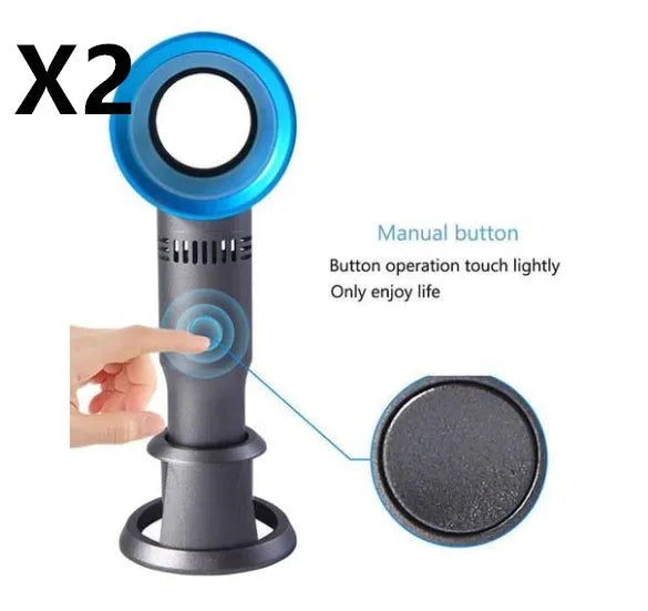 A portable bladeless desk fan with a modern design, shown on its base with a USB cable, available in multiple colours.