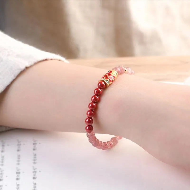Purple cinnabar and strawberry quartz bracelet with koi and peach blossom motifs for women