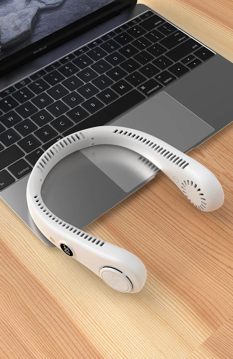 White USB rechargeable bladeless neck fan with adjustable speed settings and ergonomic neckband