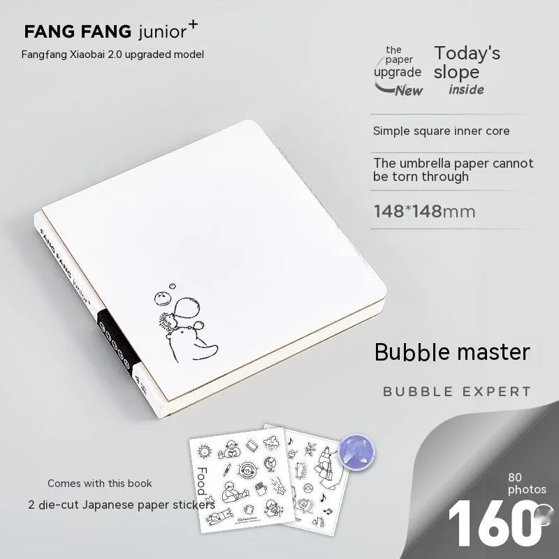 Square checkered diary notebook with 100 pages, 148x148mm dimensions, and personalisation stickers