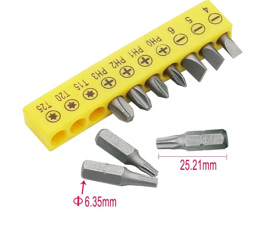 L-shaped double-headed socket wrench handle with set of 10 screwdriver bits and 10 socket wrenches on a workbench