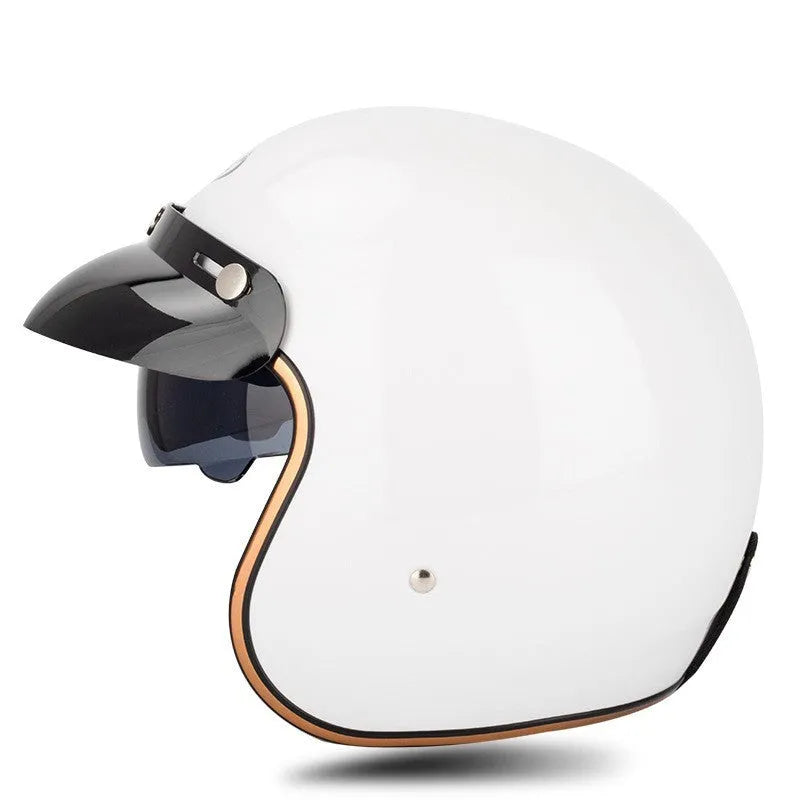 Retro electric bike half helmet in ABS plastic showing colour options including black, grey, orange and yellow designs