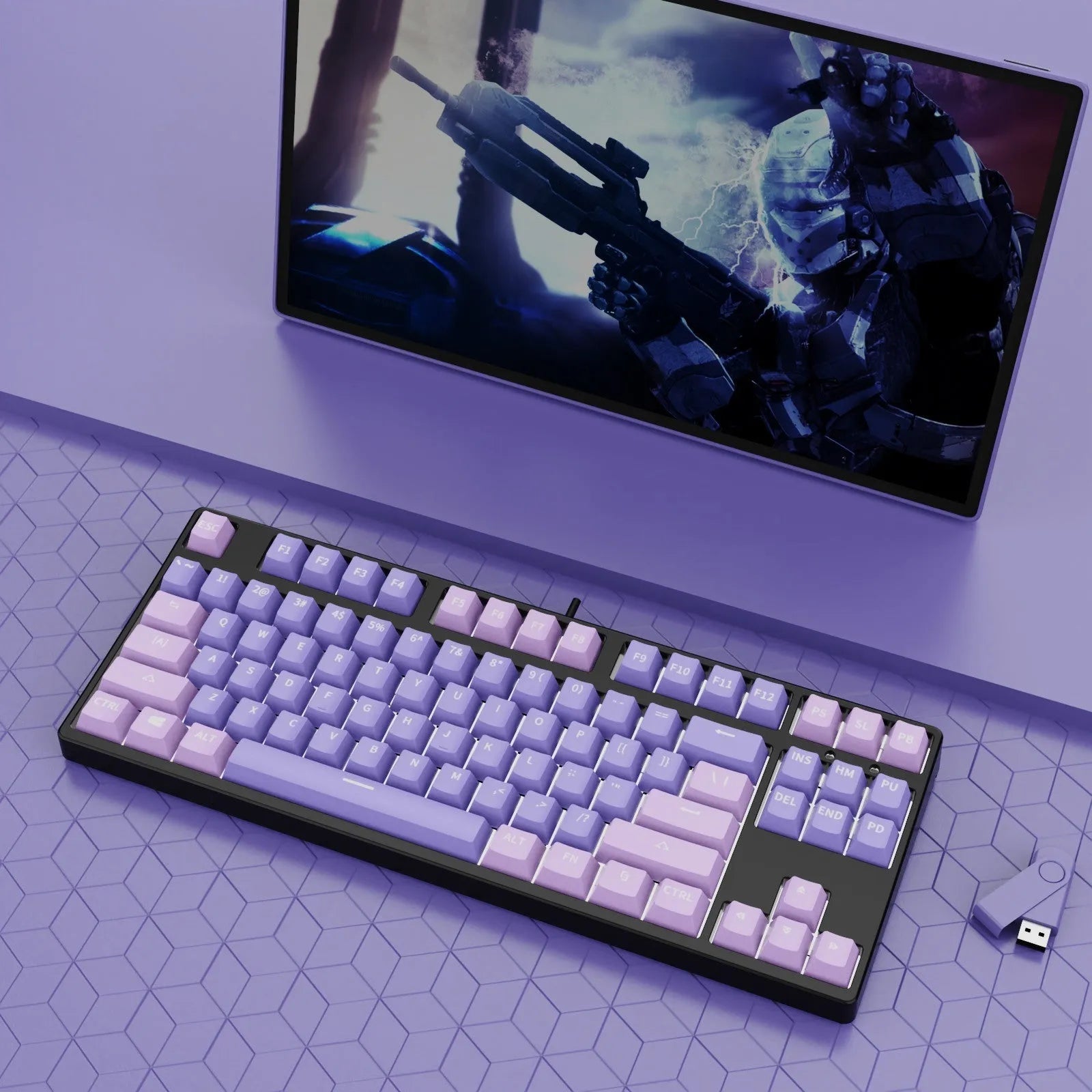 87-key wired mechanical keyboard with hot-swappable sockets showing colour options and included accessories