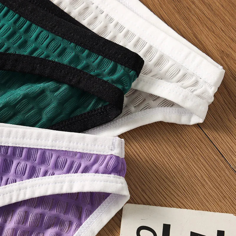 Men's low waist transparent lace underwear shorts in black, green, light purple, rose red, or white