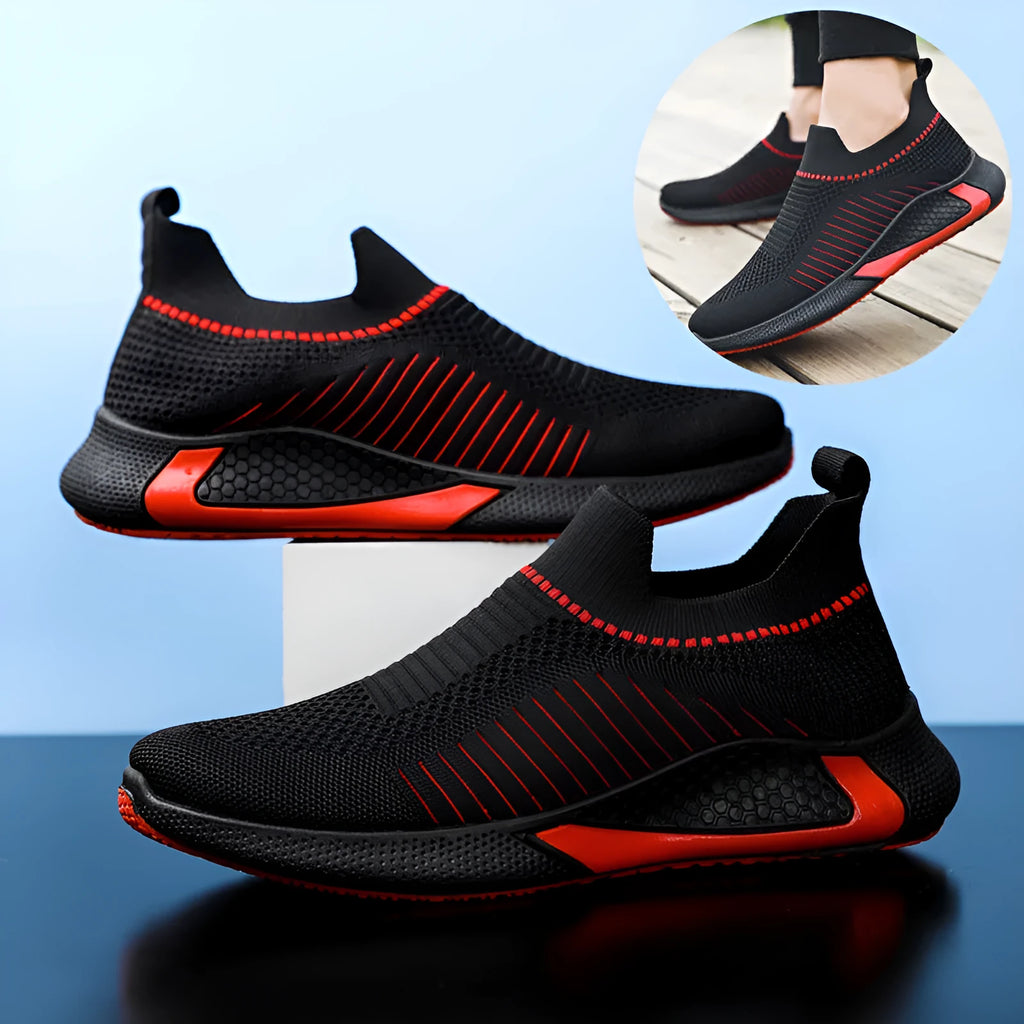 Men's striped mesh sock shoes with flyknit upper and lace-up front