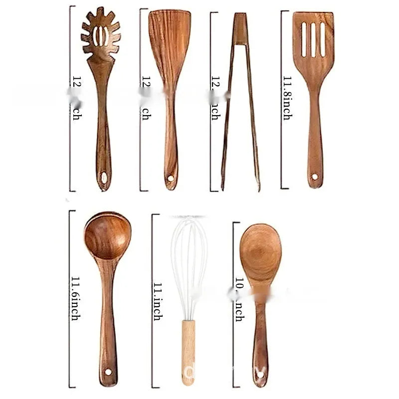 Wooden 7-piece kitchen utensil set with spoons and spatula in natural finish