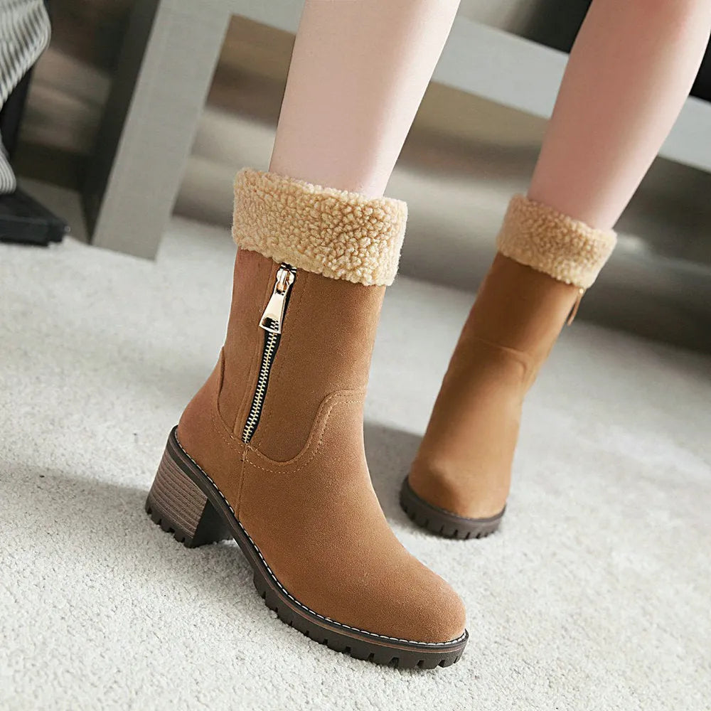 Waterproof snow boots with short plush lining in black, grey, green, or orange.