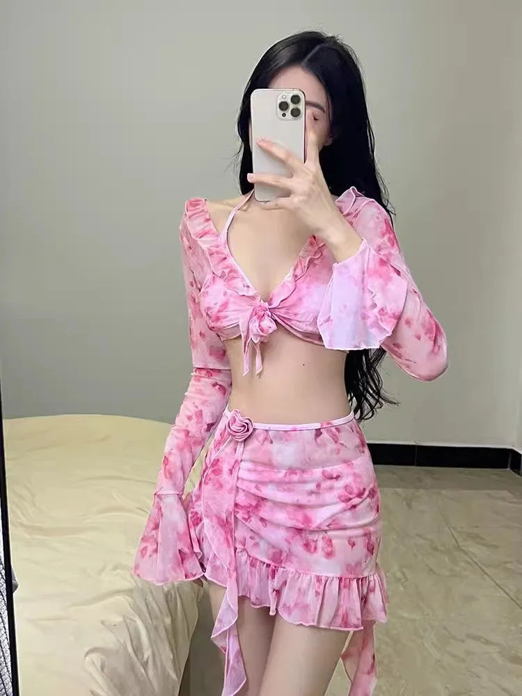 Women's floral bikini swimsuit in cherry blossom pink with polyester fabric