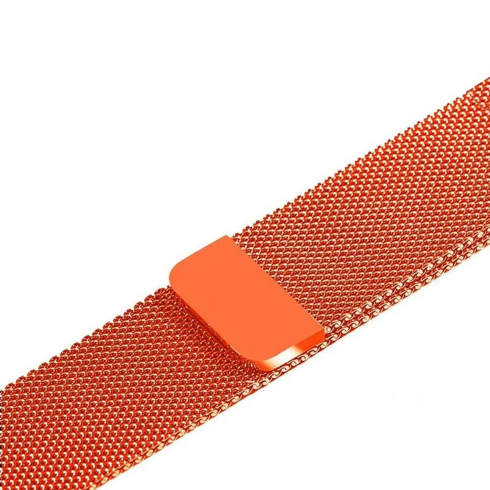 Stainless steel watch replacement strap in silver on a grey background showing adjustable links and buckle.