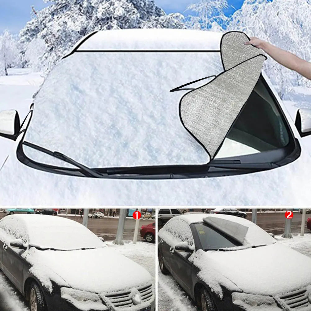 Universal car front snow protection cover made from silver aluminium fabric, shown fitted to a vehicle's windscreen and bonnet.
