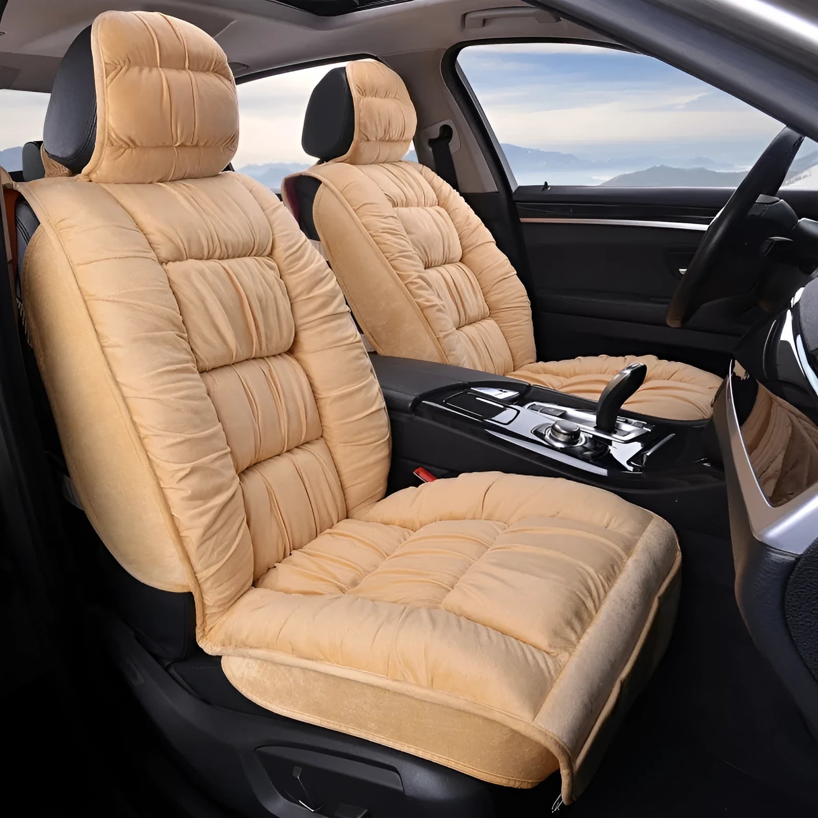 Winter plush car seat cushion showing all-inclusive design on car seat