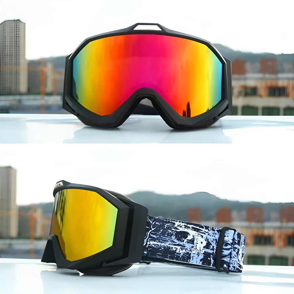 Motorcycle goggles with double-layer anti-fog lenses in a black frame with gray lens.