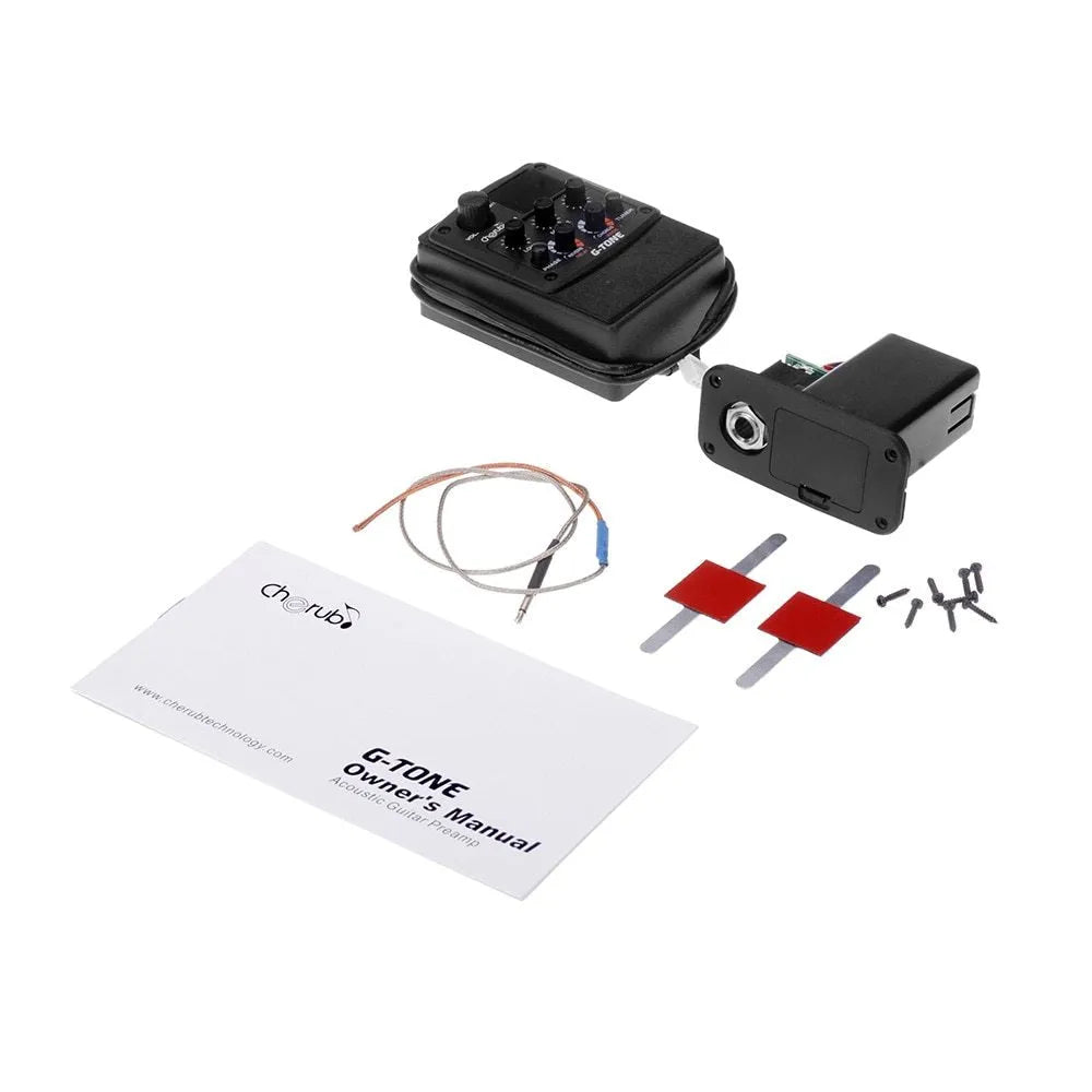 Black Cherub GT-6 acoustic guitar soundhole pickup unit with EQ and effects knobs.
