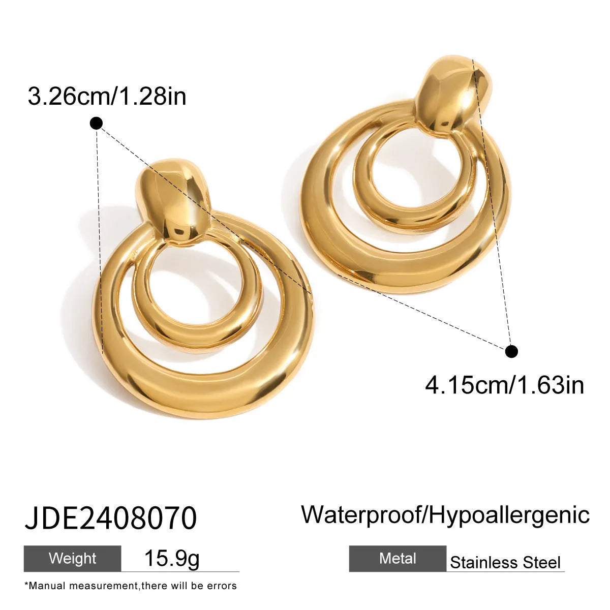 Round double layer hollow stud earrings with gold electroplated surface on titanium steel