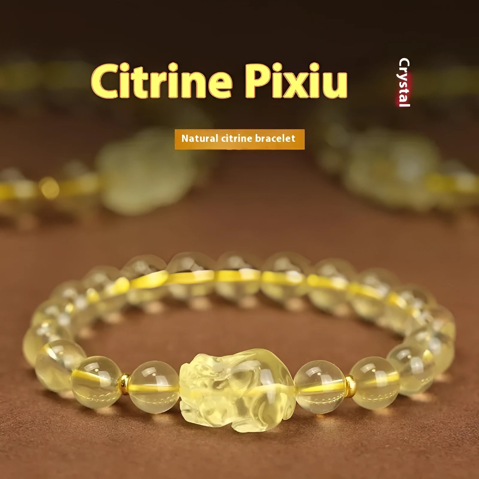 Yellow leather Pi Xiu bracelet with artificial crystal charm beads in Chinese simple style