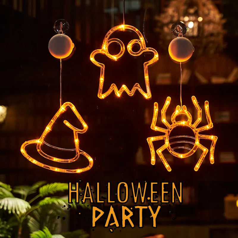 Halloween window hanging LED lights with seven designs including spider, pumpkin, ghost, and bat motifs