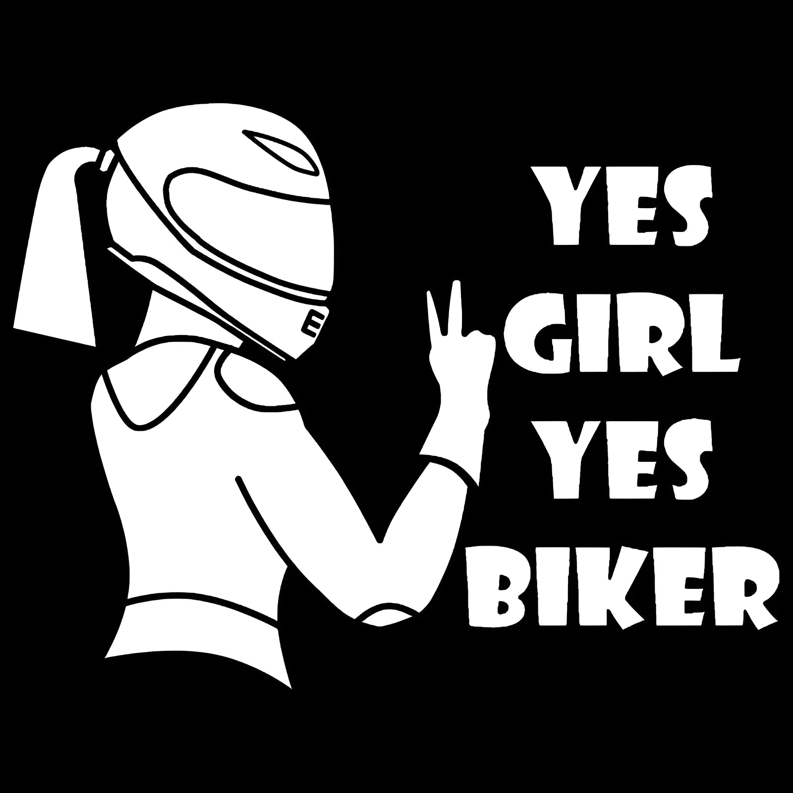Cool girl rider character waterproof car sticker in black white or laser colour measuring 16cm by 15cm