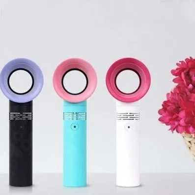 A portable bladeless desk fan with a modern design, shown on its base with a USB cable, available in multiple colours.