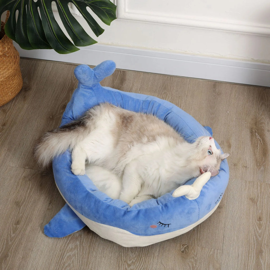 Duck-shaped fluffy pet bed in blue or white colours for small dogs and cats
