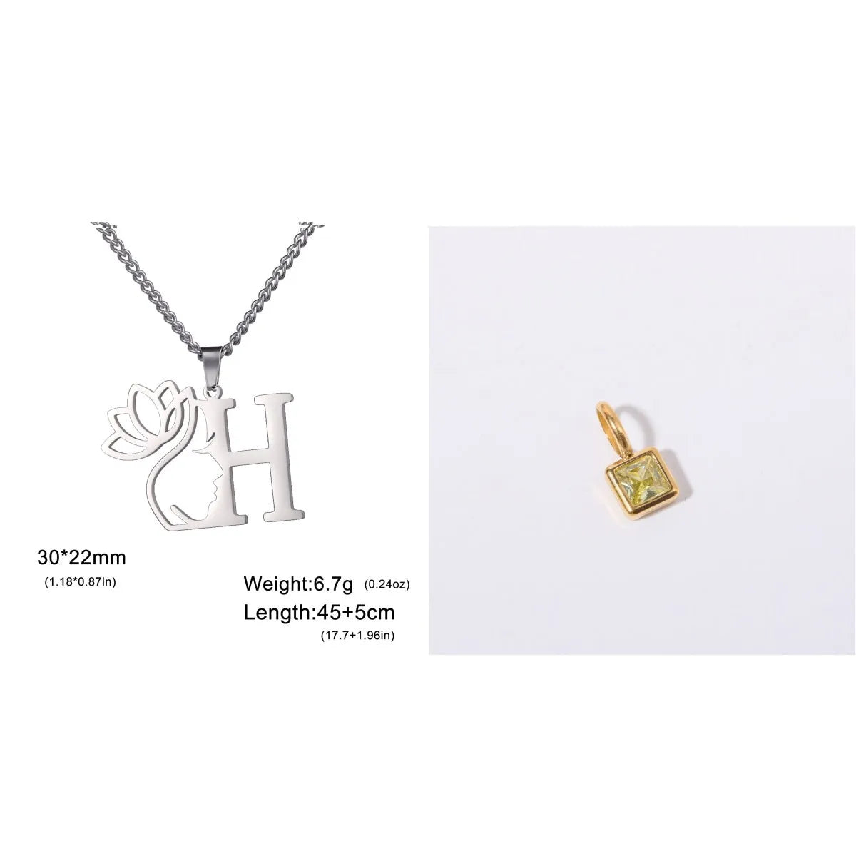 Stainless steel necklace with cross chain design and single letter pendant in gold or silver electroplated finish