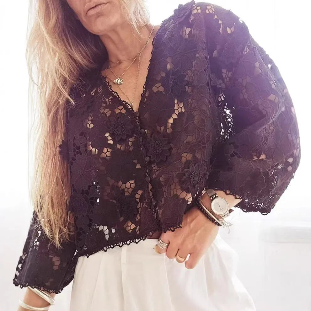 Women's loose fit V-neck cardigan with three-dimensional lace floral decoration in white colour