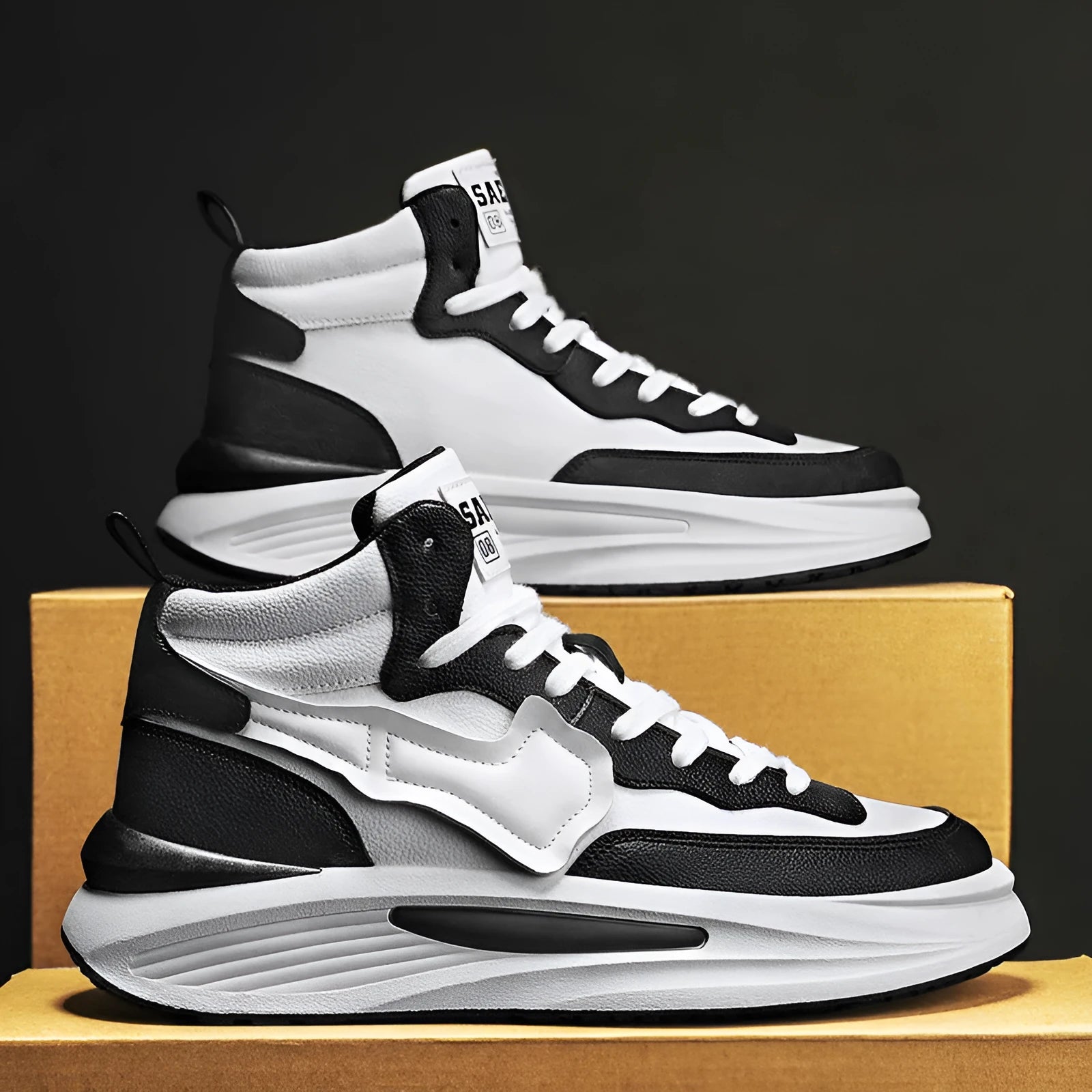 Men's black and white high-top platform board shoes with round toe on a white background