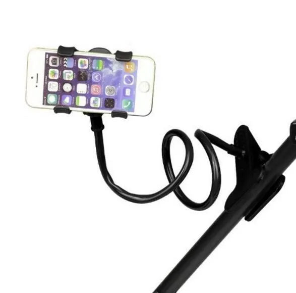Black flexible arm phone holder with V-clip mounted on bed headboard holding smartphone