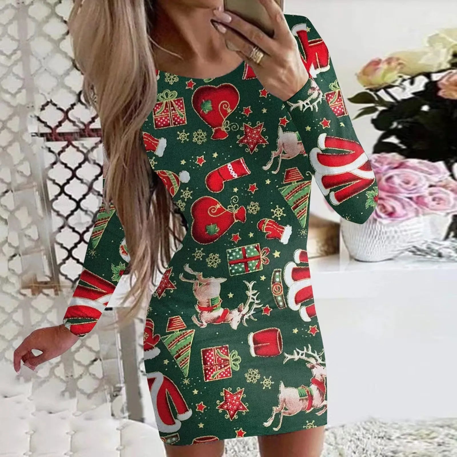 Women's printed Christmas dress with animal pattern in floral colour options