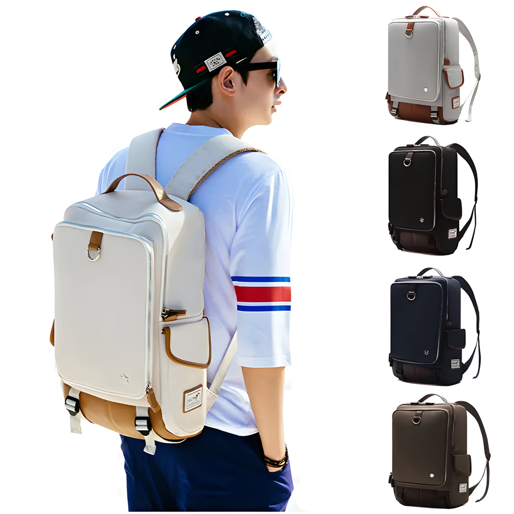 Modern Korean style men's backpack in Oxford cloth showing army green colour option.