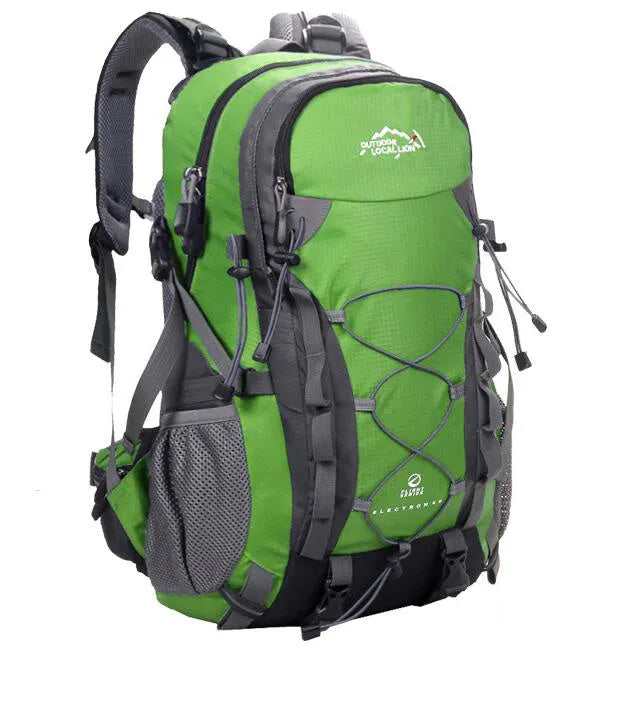 Polyester outdoor backpack in green colour showing dimensions and storage capacity