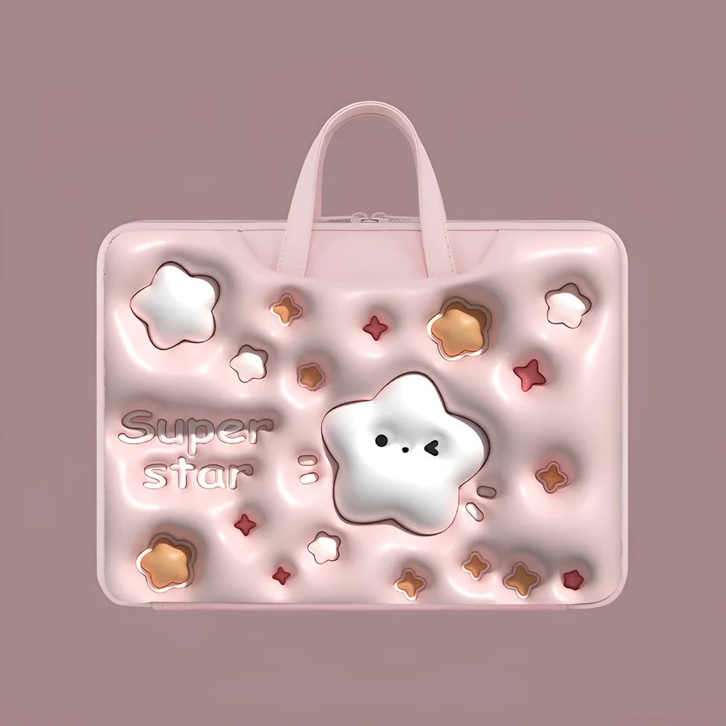 Inflatable PU leather laptop bag with suitcase hanger in cute panda print for a 15.6-inch device.