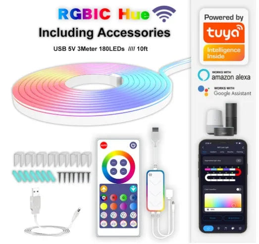 3 metre long RGB neon light strip showing colour-changing LEDs with remote control