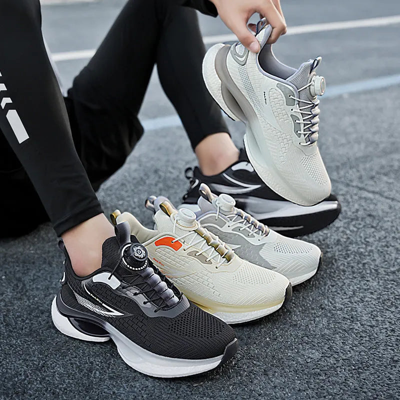 Men's white Korean style low-top running shoes with a rotating buckle closure and mesh upper.