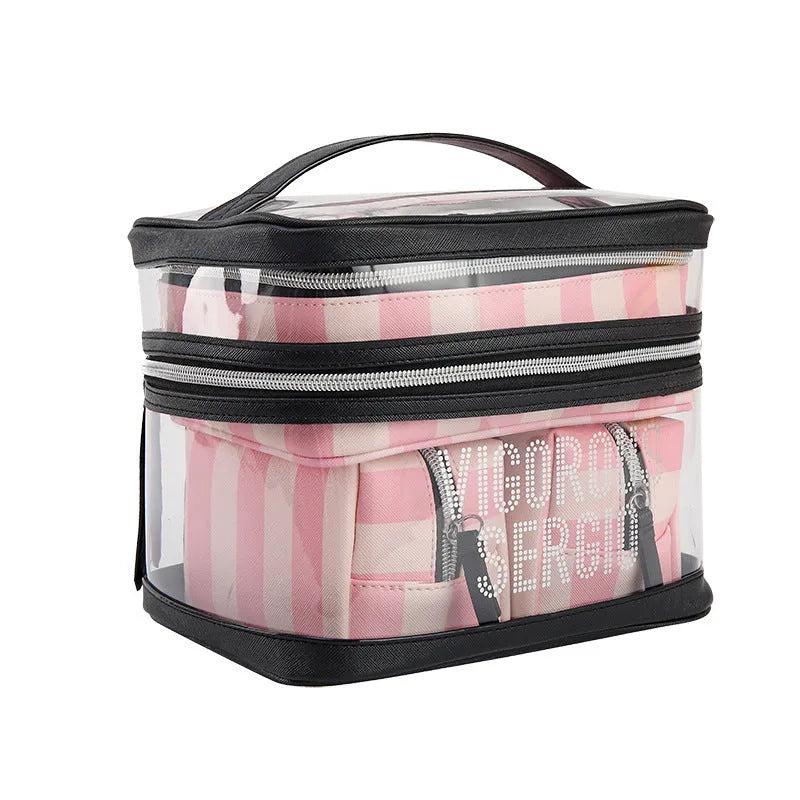 Pink bold stripes floral makeup bag with waterproof synthetic leather construction and folding design