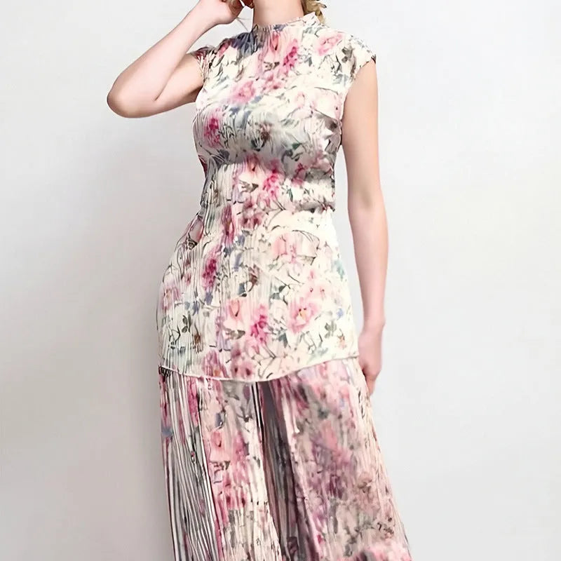 Women's long sleeve printed chiffon two-piece dress with high waist, shown in picture colour.