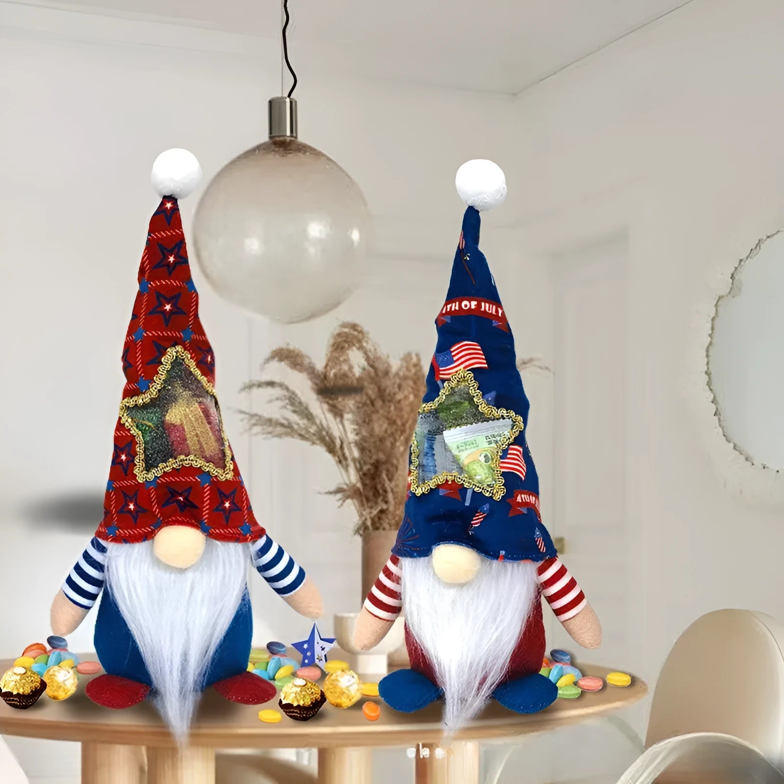 Two cloth Rudolf faceless baby doll Christmas ornaments with candy bag design
