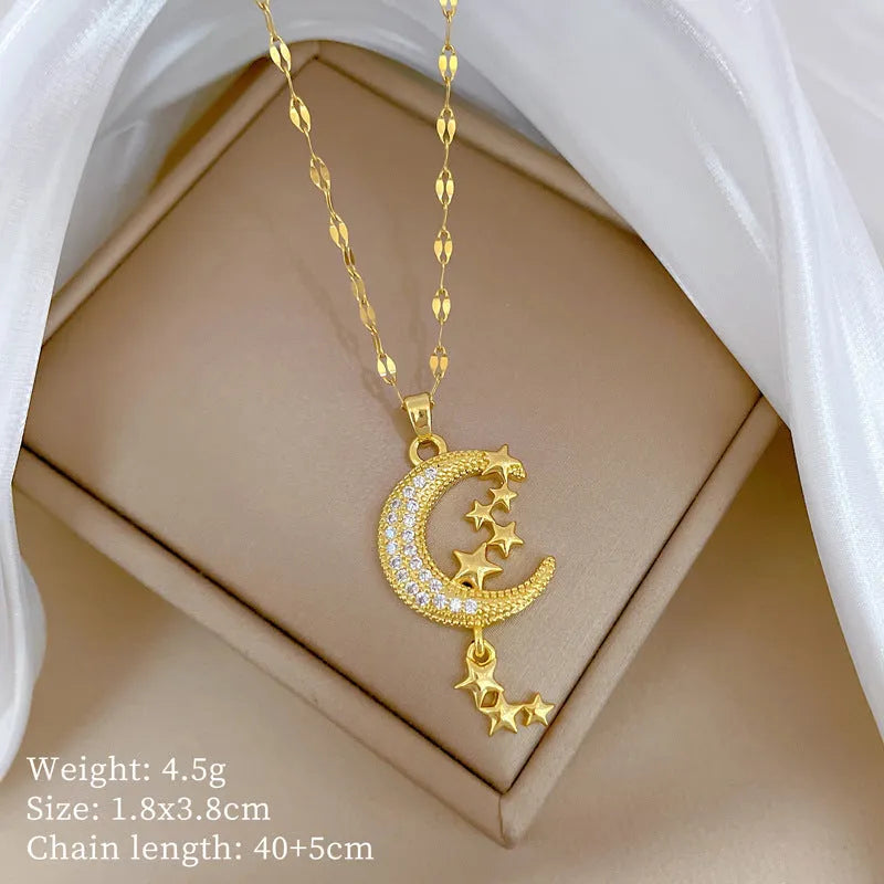 Geometric moon pendant diamond necklace with tassel chain in stainless steel and copper