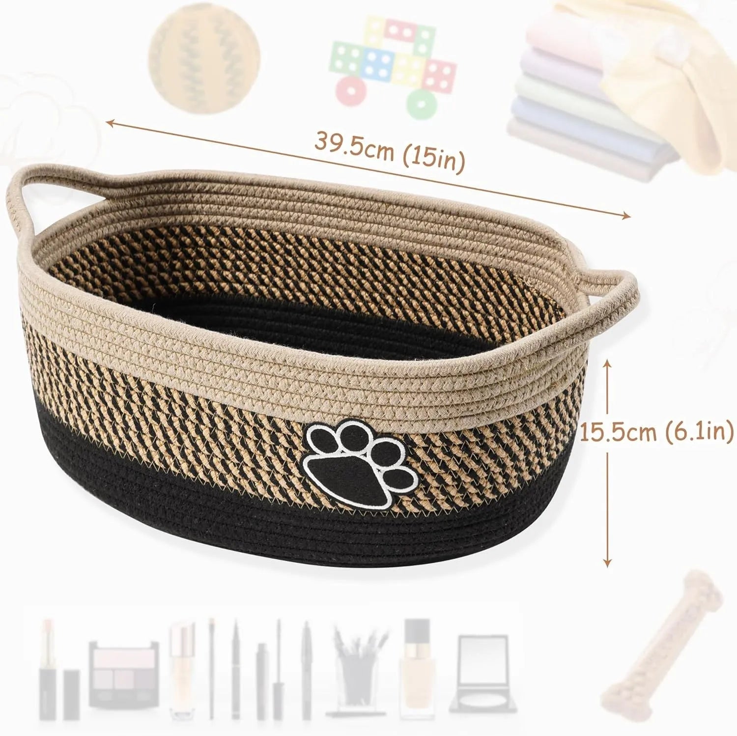 Small light beige woven cotton storage basket with wooden handle 34x26x15cm