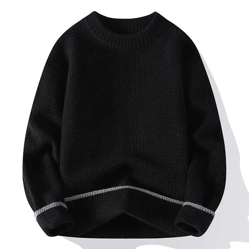 Men's round neck polyester blend sweater in loose fit with long sleeves
